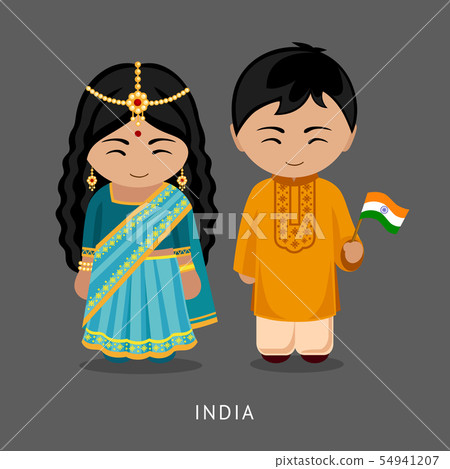 Indians in national dress with a flag. 54941207