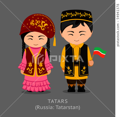 Tatars in national dress with a flag. Tatars in national dress with a flag. 54941378