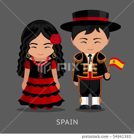 Spaniards in national dress with a flag. Spaniards in national dress with a flag. 54941383