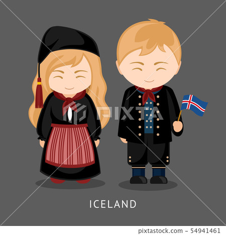 Icelanders in national dress with a flag. Icelanders in national dress with a flag. 54941461