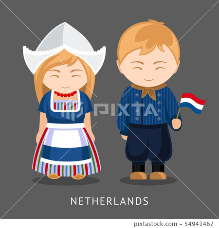 Dutches in national dress with a flag. 54941462