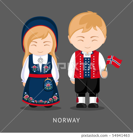 Norwegians in national dress with a flag. 54941463