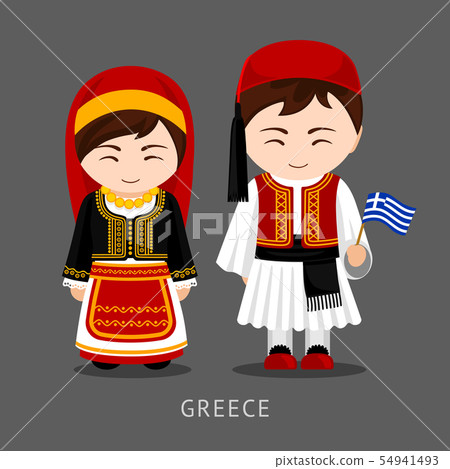Greeks in national dress with a flag. 54941493