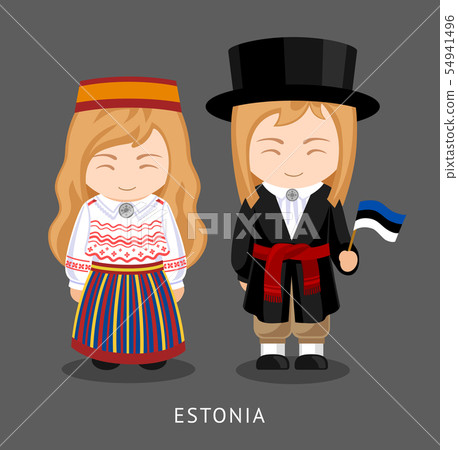Estonians in national dress with a flag. 54941496