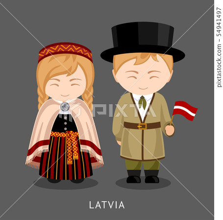 Latvians in national dress with a flag. 54941497
