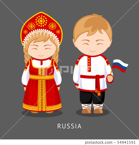 Russians in national dress with a flag. Russians in national dress with a flag. 54941591