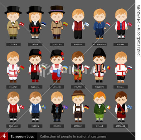 European boys in national dress with flag. 54942098