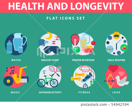 Health and longevity icons modern activity durability vector natural healthy life product food 54942594