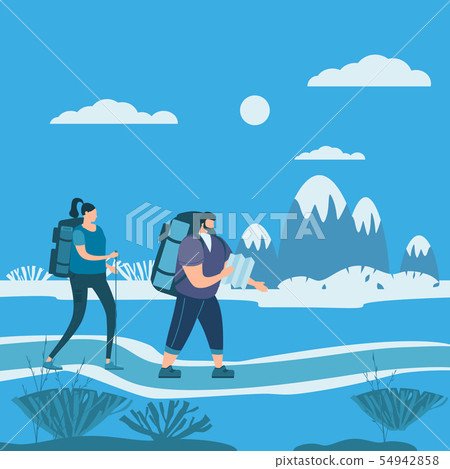 Tourists cute couple in love performing outdoor touristic activity - adventure travel, hiking 54942858