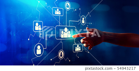 Social connections theme with hand pressing a button 54943217