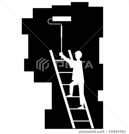 Painter with Roller Painting Wall. Worker on Ladder Paints Home. Renovation and Repair Service Painter with Roller Painting Wall. Worker on Ladder Paints Home. Renovation and Repair Service 54944361