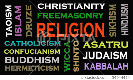 Religion concept word cloud on black  background. 54944434