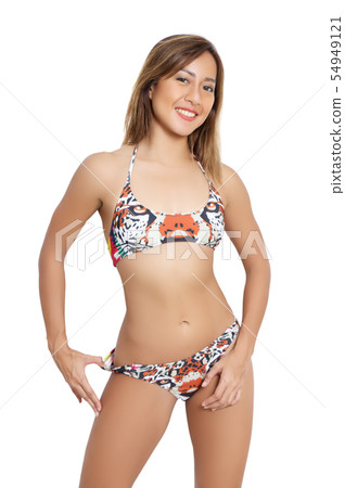 beautiful asian woman bikini and white background  54949121