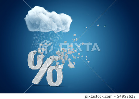 3d rendering of white rainy cloud above grey percent sign shattering into small pieces on blue 3d rendering of white rainy cloud above grey percent sign shattering into small pieces on blue 54952622