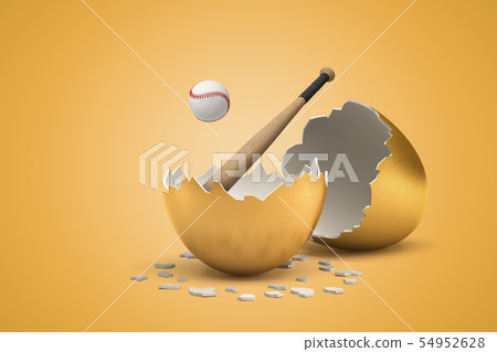 3d rendering of baseball and bat that just hatched out from golden egg. 3d rendering of baseball and bat that just hatched out from golden egg. 54952628