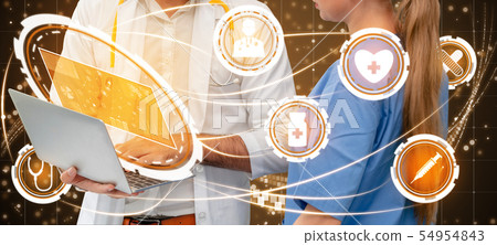 Doctor with Medical Healthcare Graphic in Hospital Doctor with Medical Healthcare Graphic in Hospital 54954843