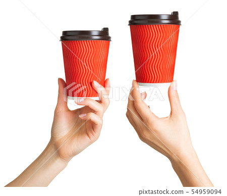 Set of women hands holding coffee paper drinking cup Set of women hands holding coffee paper drinking cup 54959094