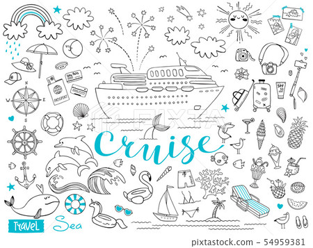 Graphic set of elements. Journey on a cruise ship. Package tour. Vector illustration on the theme of 54959381