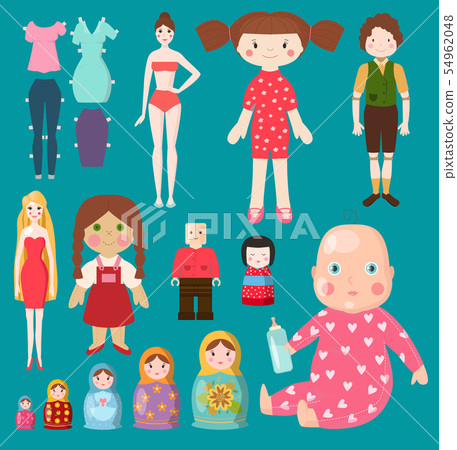 dolls toy character girls and boys human face and body game dress rag-doll illustration. Pretty 54962048