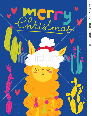 Vector Merry Christmas card with cute lama 54962376