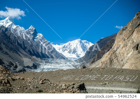 Passu glacier with text 'Welcome to PASU',Pakistan Passu glacier with text 'Welcome to PASU',Pakistan 54962524