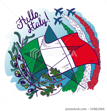 Symbols of Italy- Frecce tricolori tricolour arrows in the sky, olive branch, oak, flag and star 54962968