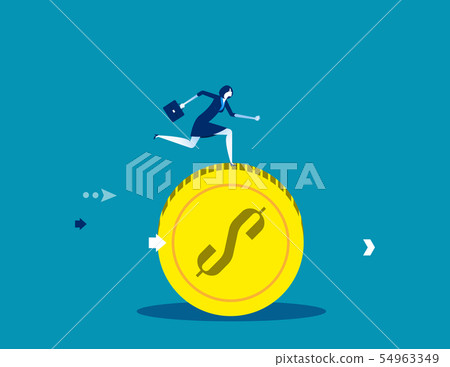Businesswoman running on coins. Concept business Businesswoman running on coins. Concept business 54963349