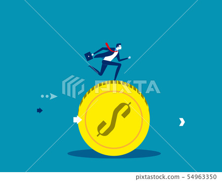 Businessman running on coins. Concept business Businessman running on coins. Concept business 54963350