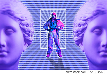 Collage of contemporary art with survivor man in a protective diving suit and ancient statue Venus 54963569