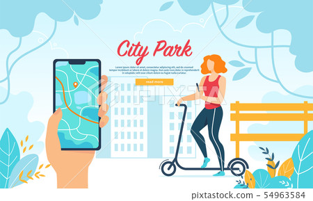 Young Woman Driving Scooter in City Park, Mobile 54963584