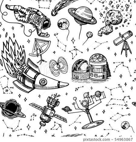 Astronomy Seamless pattern in vintage style. Space and cosmonaut, moon and spaceships, meteorite and 54963867