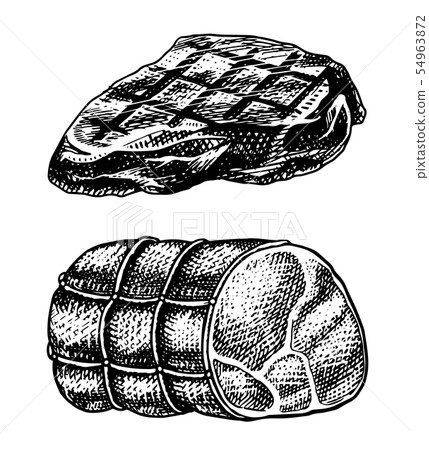 Grilled meat steak, BBQ Pork or beef Barbecue. Food in vintage style. Template for restaurant menu 54963872