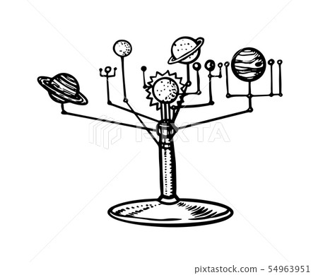 Mechanical model of the Solar System, Planets in space. Tellurion or Orrery. Astronomy sketch for Mechanical model of the Solar System, Planets in space. Tellurion or Orrery. Astronomy sketch for 54963951