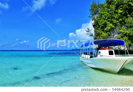 Tropical beach and white boat 54964290