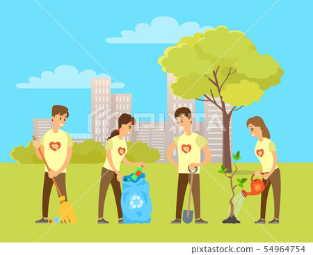 Volunteers Watering Plants from Can Digging Ground Volunteers Watering Plants from Can Digging Ground 54964754