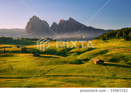 summer sunrise over Alpe di Siusi, Dolomites, Italy summer sunrise over Alpe di Siusi, Dolomites, Italy 54965562