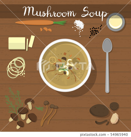 Mushroom soup food vegetarian creamsoup with champignon in bowl and soupspoon for dinner 54965940