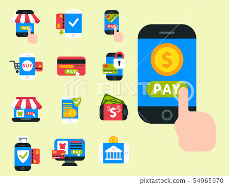 Mobile payments icons smartphone transaction ecommerce wallet wireless connection banking card 54965970