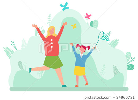 Mother and Daughter Catching Butterflies in Net Mother and Daughter Catching Butterflies in Net 54966751