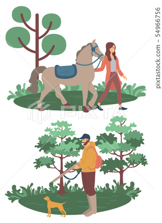 Woman with Horse, Man with Dog Hunting Vector Woman with Horse, Man with Dog Hunting Vector 54966756