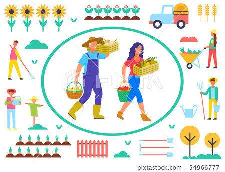 Farming Man and Woman with Gathered Goods Vector Farming Man and Woman with Gathered Goods Vector 54966777