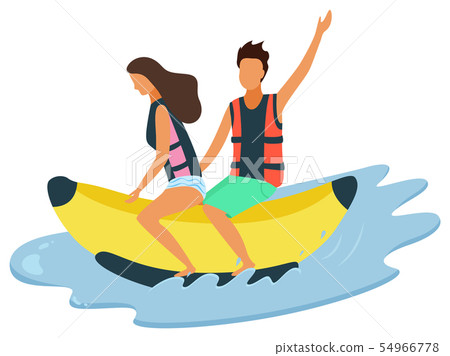 Man and Woman Riding on Inflatable Banana on Sea Man and Woman Riding on Inflatable Banana on Sea 54966778