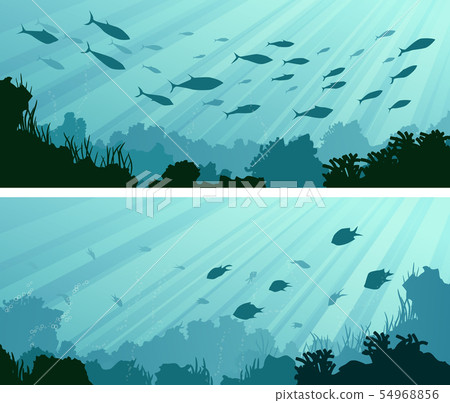Horizontal banners of seabed with rays in water. Horizontal banners of seabed with rays in water. 54968856