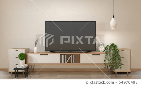 TV on cabinet in zen living room 54970495