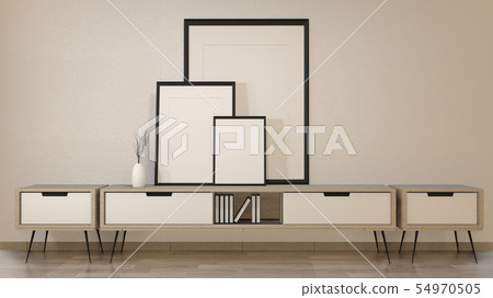Mock up cabinet in zen living room on white wall Mock up cabinet in zen living room on white wall 54970505