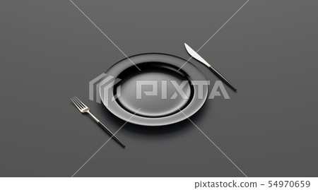 Blank black plate mockup with fork and knife, side 54970659