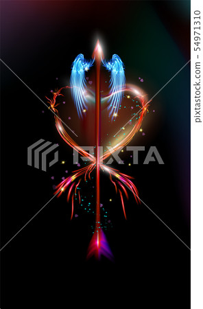 Glowing fantasy arrow of cupid pierced red heart. Glowing fantasy arrow of cupid pierced red heart. 54971310