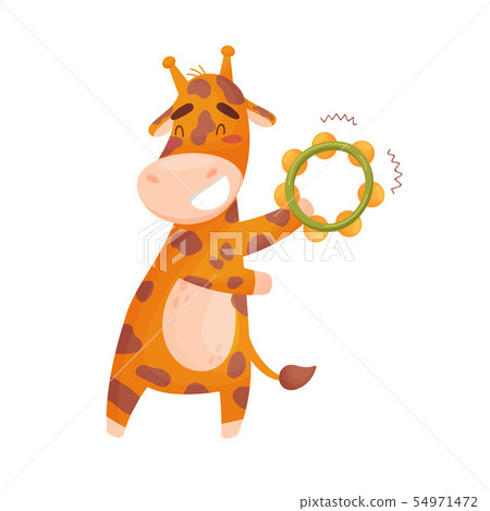 Cute giraffe with a tambourine. Vector illustration on white background. 54971472