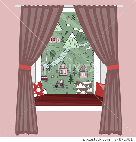 Kids cartoon window sill vector illustration. Windowsill sofa with cute summer landscape view. 54971791