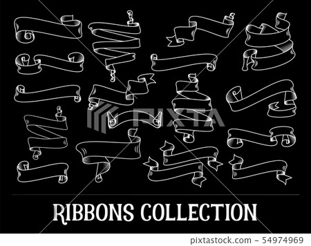 White ribbons set on the black, hand drawn vector scroll ribbon in outline or contour drawing White ribbons set on the black, hand drawn vector scroll ribbon in outline or contour drawing 54974969